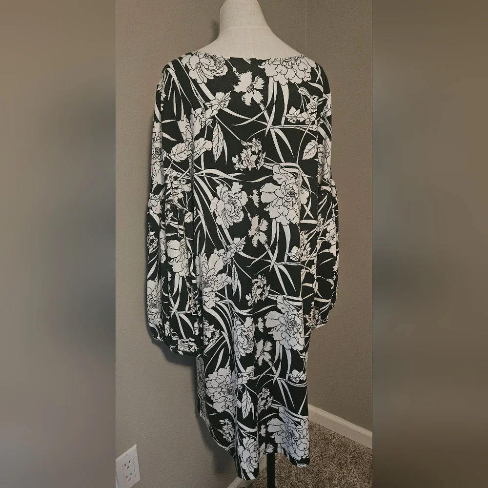 NWT Bryn Walker Floral Print Round Neck Long Sleeve Lantern Dress:Black/White:XL - Picture 6 of 16